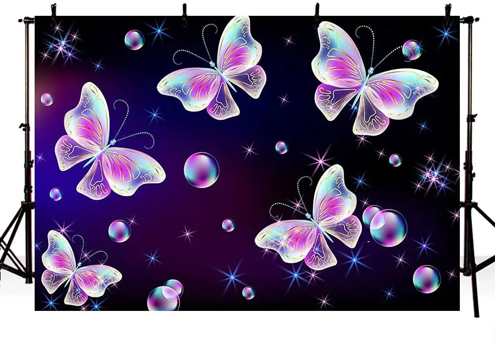Retro Early 2000s Background Transparent Purple Butterfies Bubble Backdrop Girl Portrait Newborn Baby Shower Birthday Banner enlarge