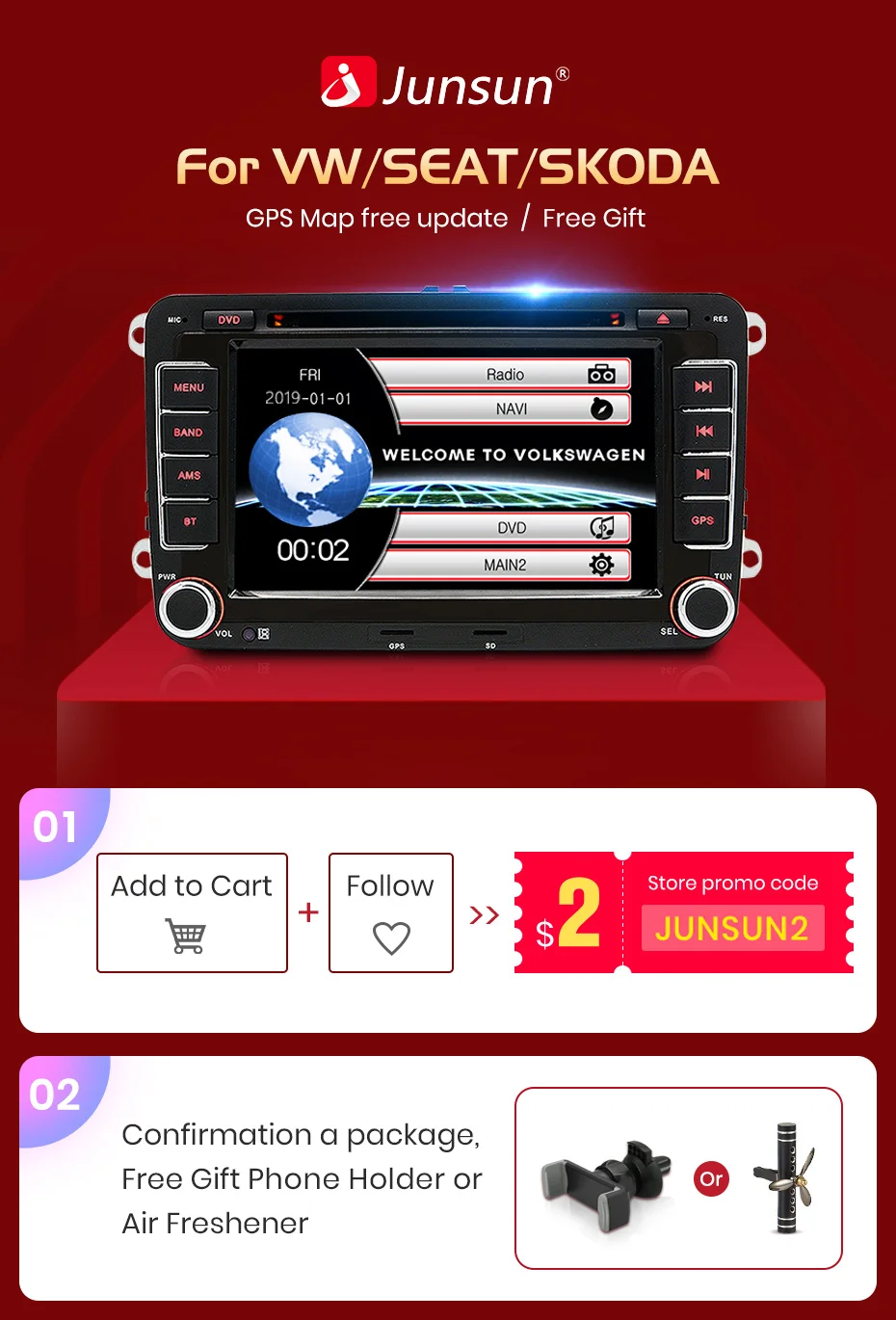 Junsun 2 din Автомобильный Радио мультимедийный плеер gps для Volkswagen VW golf passat b6 туристическое поло седан TIGUAN JETTA Android DVD