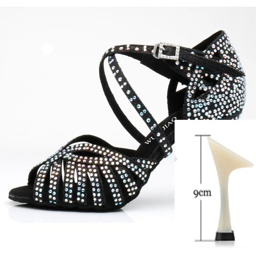 black heel 9cm WUXIJIAO/туфли для латинских танцев; женские туфли на высоком каблуке; черные Серебристые золотистые блестящие удобные туфли для сальсы; вечерние туфли для сальсы - Цвет: black heel 9cm