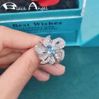 black angel sky blue topaz multi layer winding flower rings women adjustable inlaid luxury gemstone engagement silver jewelry