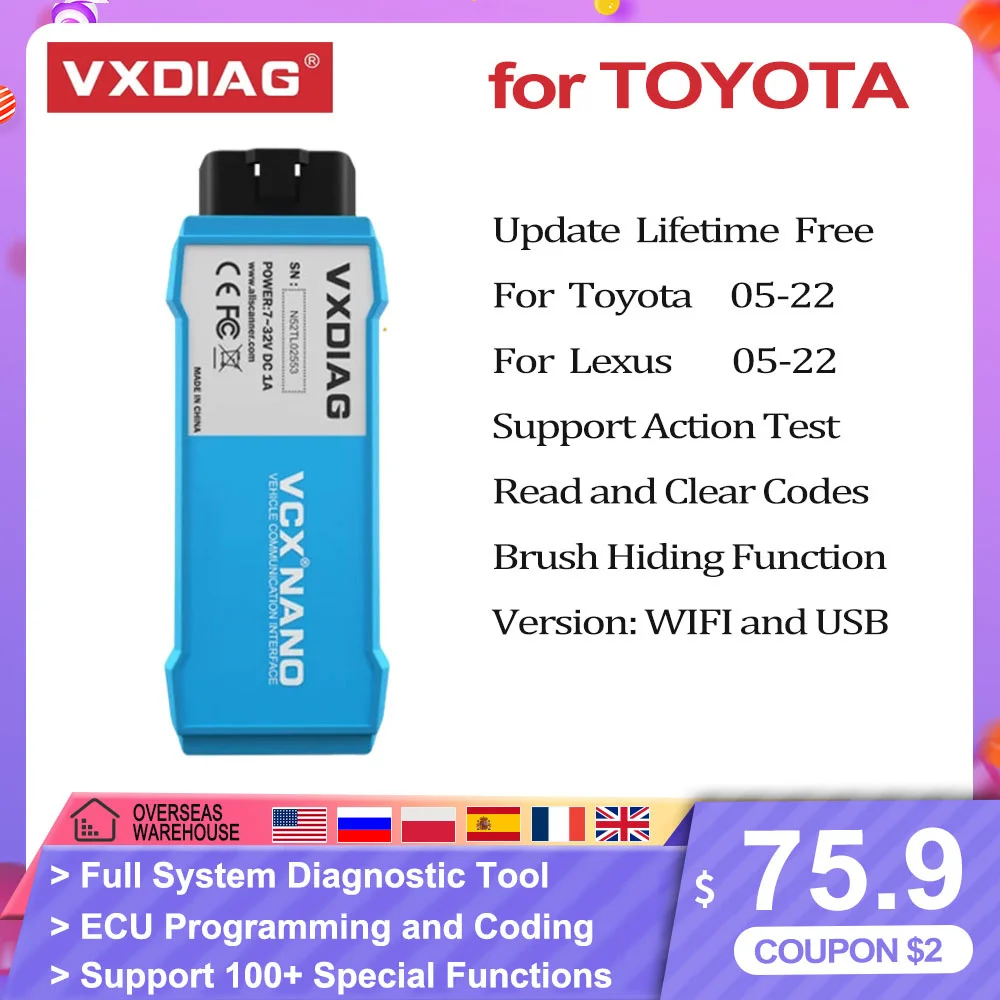 

VXDIAG VCX NANO For Toyota For Lexus For Thain OBD2 Diagnostic Tool Auto Key Programming Coding Reader Scanner USB WIFI Version