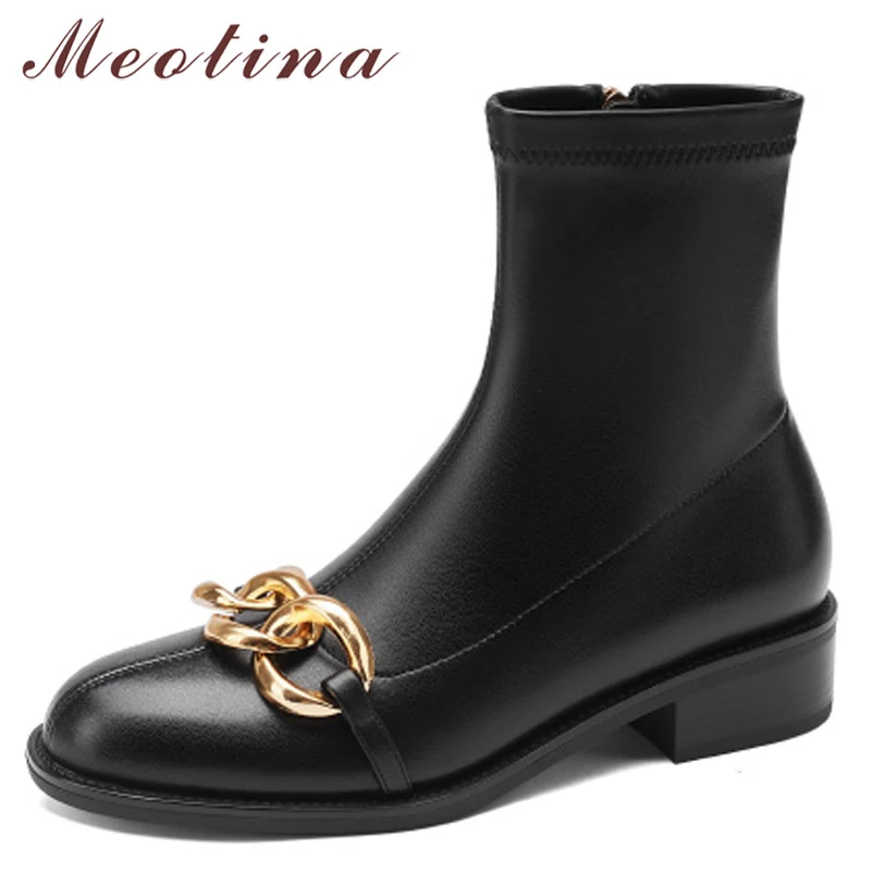 

Meotina Ankle Boots Shoes Women Elegant Thick Heel Metal Decoration Boots Round Toe Med Heel Zipper Ladies Boots Autumn Black 41