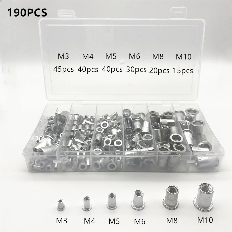 190 шт. заклепочные гайки M3 M4 M5 M6 M8 M10 с коробкой алюминиевый сплав плоская головка