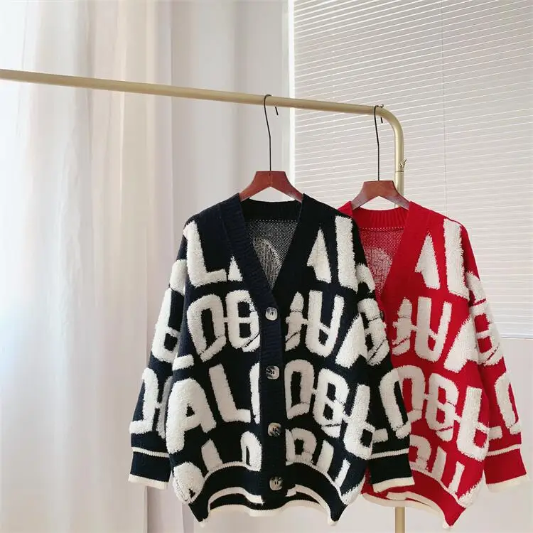 

letter heavy industry embroidery sweater coat women's 2021 new autumn and winter thickened knitted cardigan top 2152