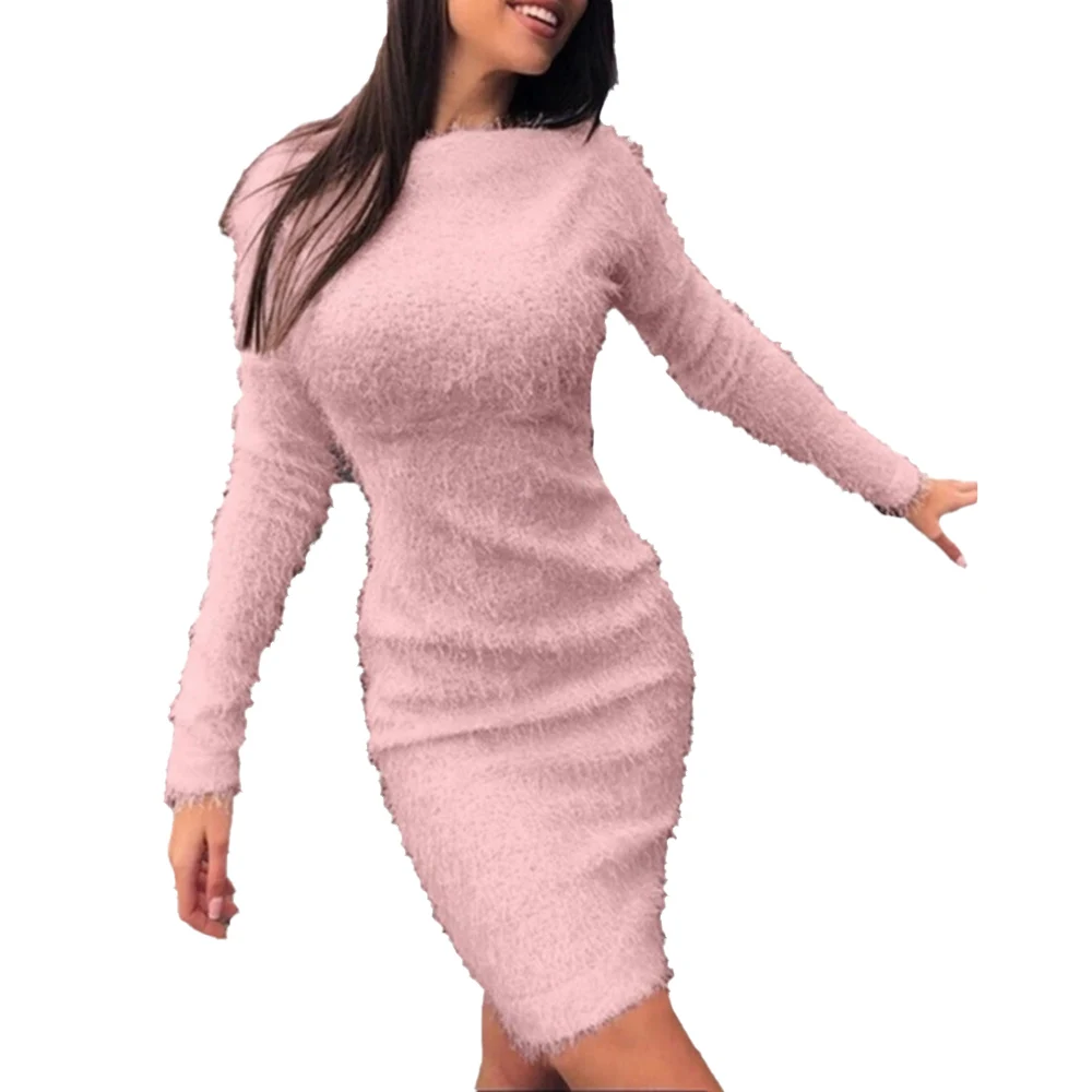 

Solid Color Elegant Women Knitted Round Neck Short Pullover Winter Slim Fit Bodycon Dresses Long Sleeve Casual Fur Mini Dress