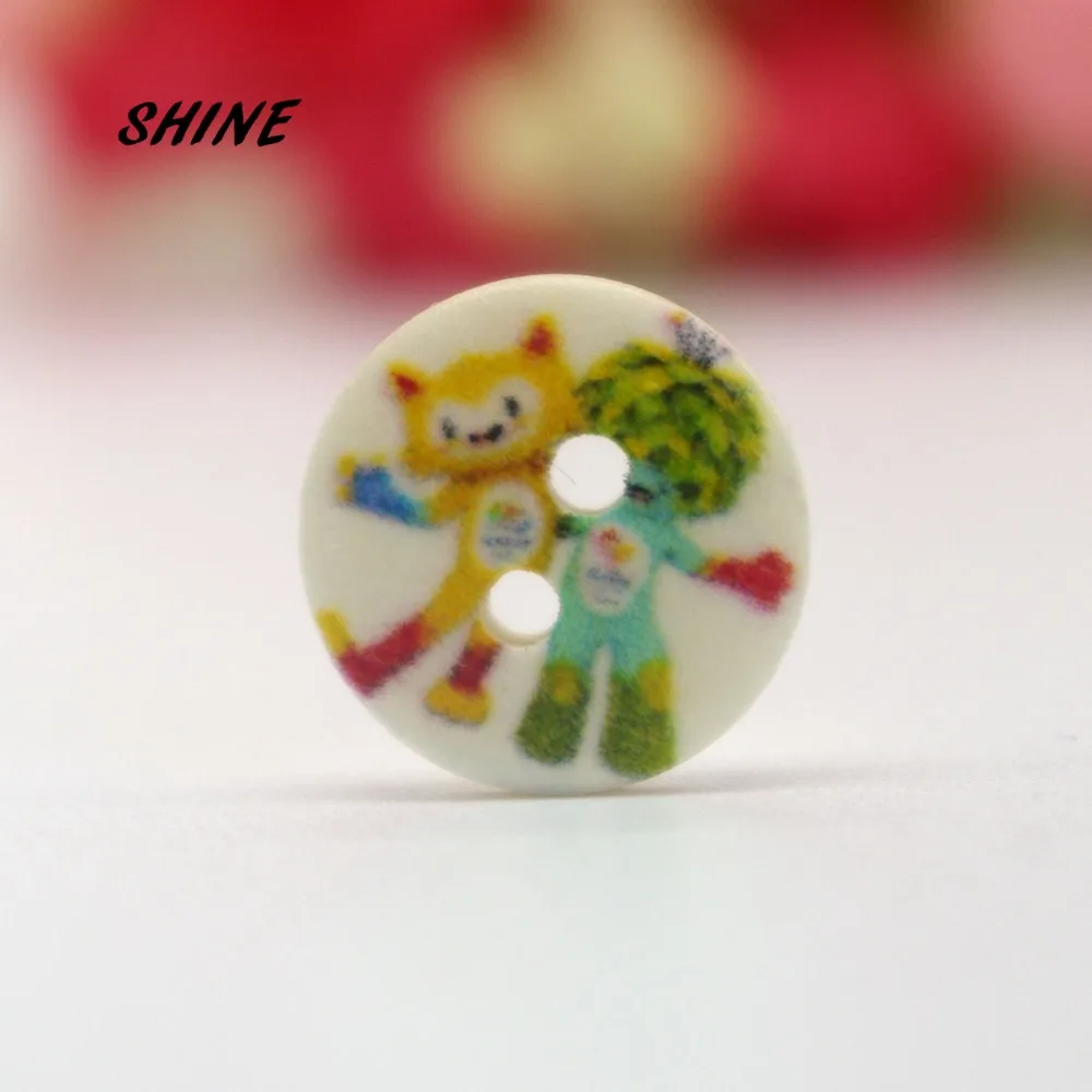 200PCs Decorative Buttons Rio Mascot Painting 2 Holes 15mm Sewing Wooden Flatblck Scrapbooking | Дом и сад
