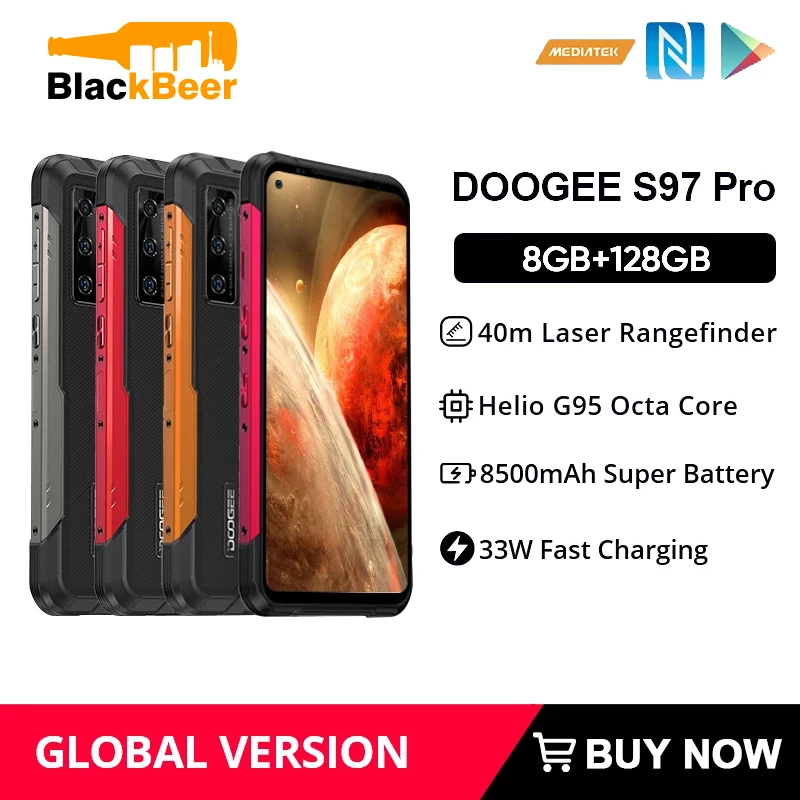 DOOGEE S97 Pro Rugged Cellphone 8G+128G Helio G95 Octa Core Smartphone 40m Laser Ranging Mobile Phone 48MP AI Quad Camera NFC