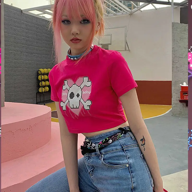 

Summer short-sleeved T-shirt Harajuku cartoon skull print short top women's t-shirt punk vintage clothes Female clothing street