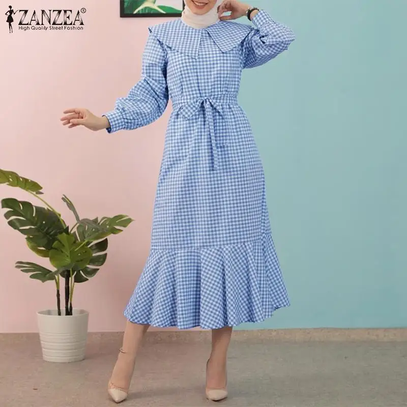 

Дамы с длинными рукавами Вечерние платья-Макси платье-рубашка ZANZEA женская мусульманская кафтан длинное платье Исламская одежда в форме рыб...