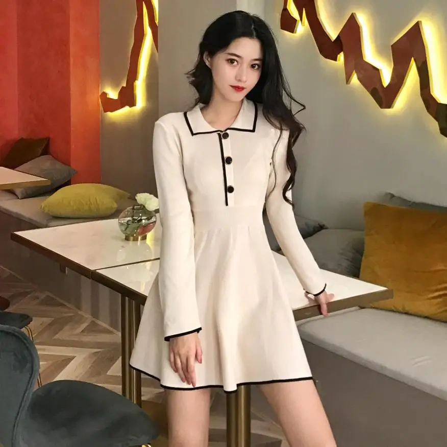 Женское белое мини платье в стиле Харадзюку Осеннее вечернее с длинным рукавом и