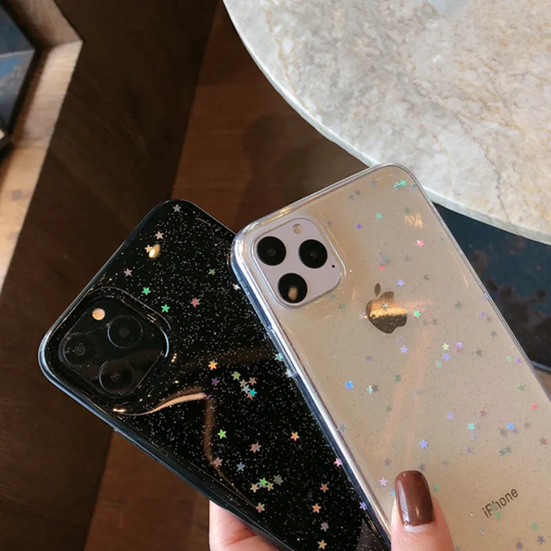Bling Colorful Star Glitter Soft Tpu Phone Case for Iphone 11 Pro Max X Xr Xs 6s 7 8Plus Shine Powder Transparent Back Cover | Мобильные