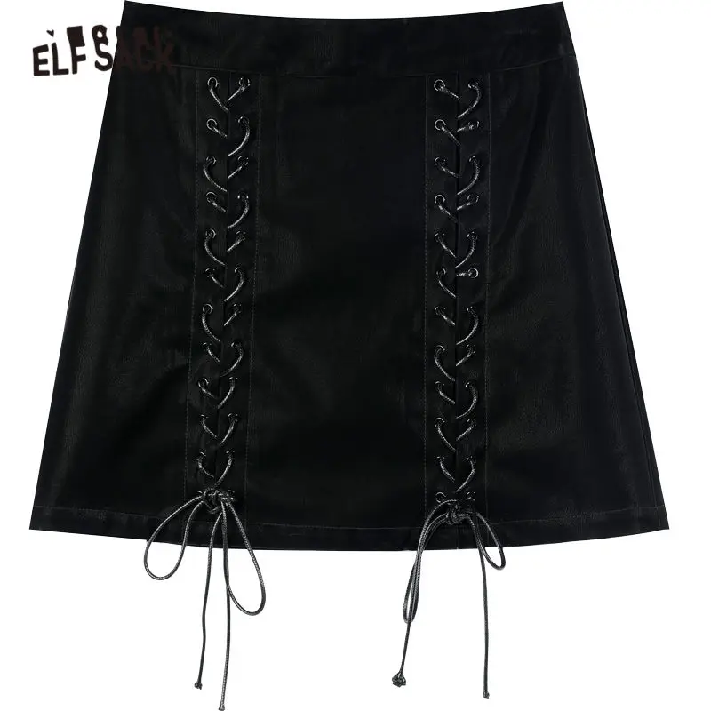 

ELFSACK Solid Pure High Waist Casual Locomotive Leather Mini Skirts Women,2020 Winter ELF Vintage Korean Ladies Daily Bottom