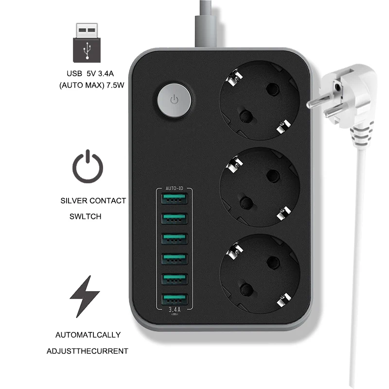 защита от пыли Сетевой фильтр с 3 USB-удлинителями умная полоса адаптер питания