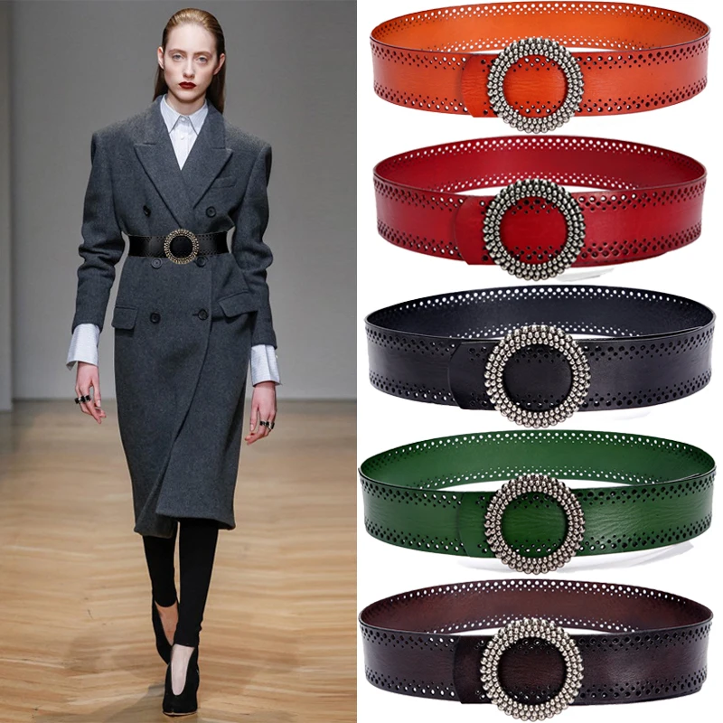 

Women Cow Leather Belt Female Fashion Waistband Matching Coat Sweater & Dress Belt Hight Quality Round Buckle Wide Black Belt