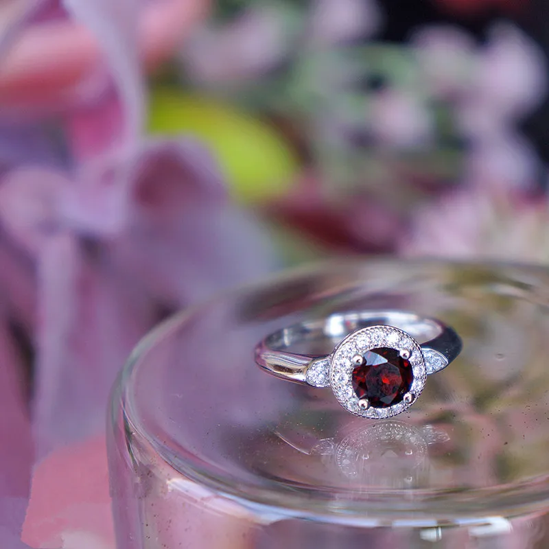 Женское кольцо с круглым красным гранатом Ювелирное Украшение из серебра 100%