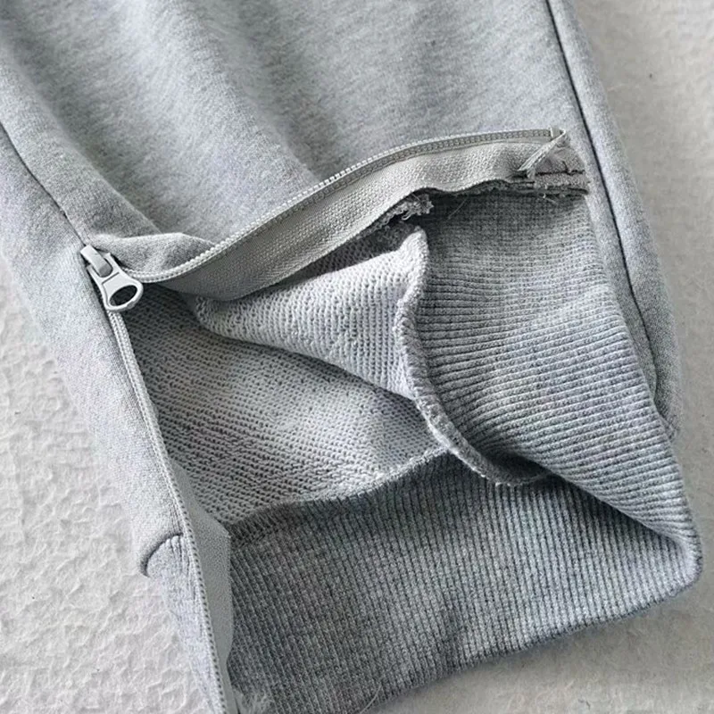 

Artsnie Streetwear Zipper Split Harem Pants Women Winter 2021 Gray Casual Trousers High Waist Knitted Long Pants Sweatpants