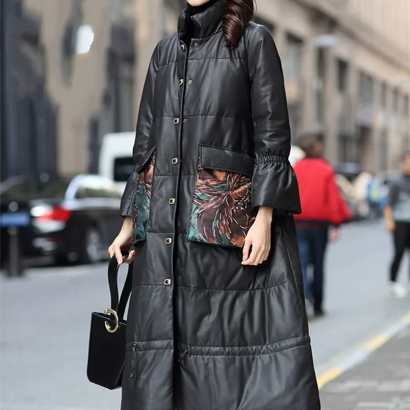 2020 New Women Sheepskin Genuine Leather Long Coat Printed Pockets Loose Fit Big Cape Stand Collar White Down Jacket Overcoats | Женская