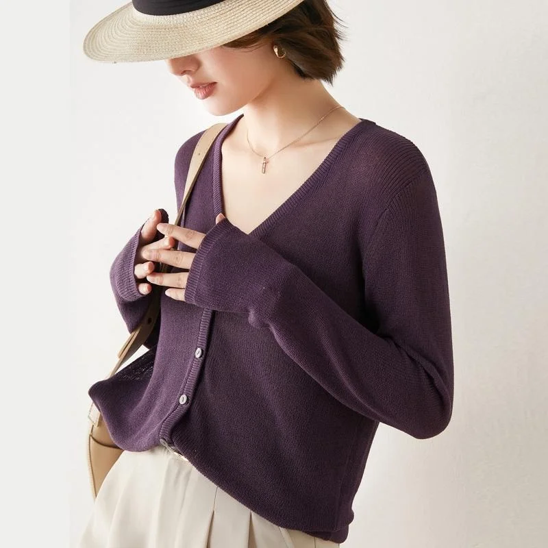 

Long Sleeve Sunscreen Cardigan Knitted V Neck Sweater Women Korean Style Solid Single-breasted Cardigans Jacket Tops Summer X223