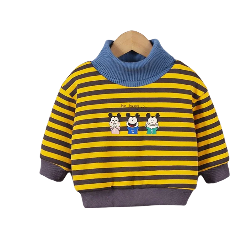 

Autumn Winter Children Sweaters Baby Boys Girls Thick Warm High-necked Striped Cartoon Sweaters Kids Velvet Sweatshirts for Boy