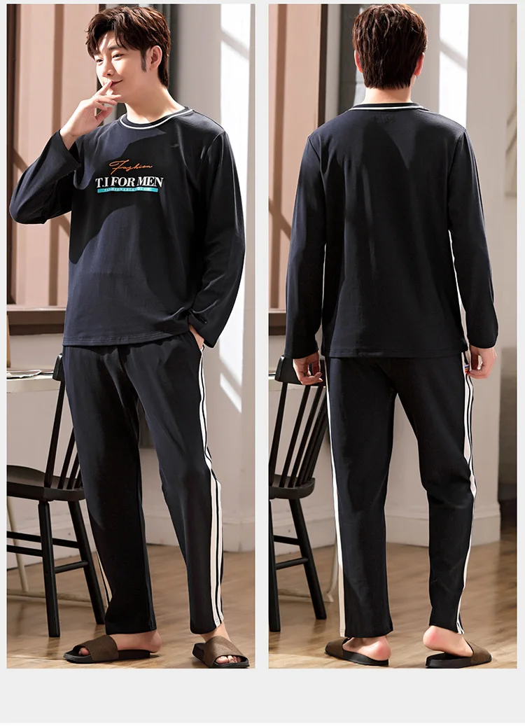 

Pure Cotton Pajamas Men's Suit Simple Casual Sports Cute Clothes Men's Round Neck Home Clothes Autumn New Style
