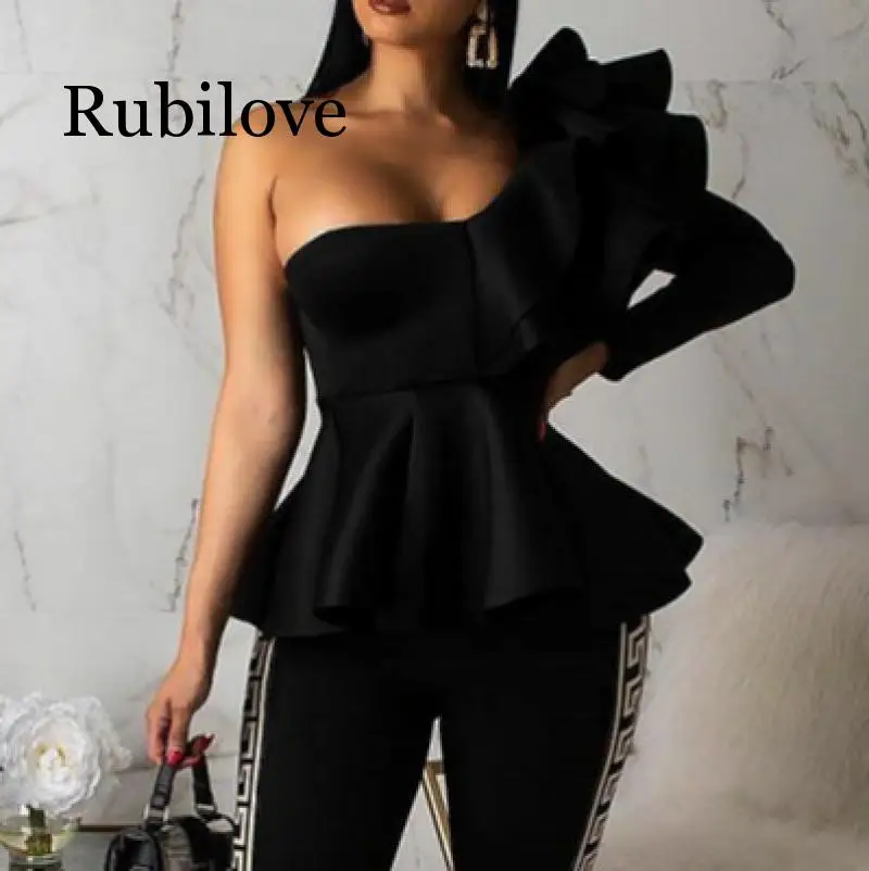 

Rubilove Women Skew Collar Off Shoulder Ruffles Puff Sleeve Solid Elegant Tops Office Lady Ruffles Sleeve Spring Autumn Shirts