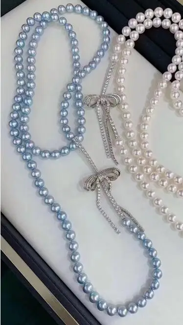 

Бесплатная доставка, длинная цепочка для свитера с бантом 34 дюйма, 9-10 мм, белое, серое жемчужное ожерелье с цирконием, кулон из серебра 925 пробы