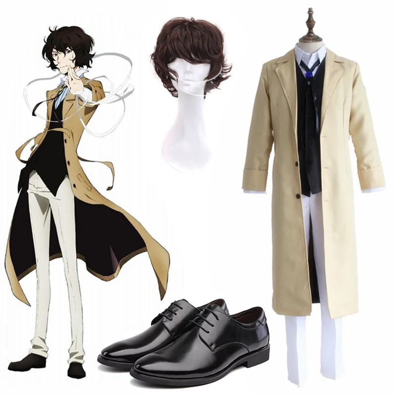 

Bungo Stray Dogs Dazai Osamu Cosplay Anime Costume Long Jacket Coat Suit Adult Unisex Halloween Christmas Costume Wig