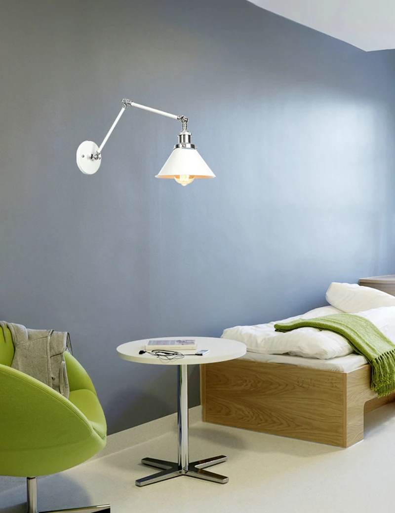 

White Adjustable Industrial Wall Lamp Swiming Arm Home Indoor Bedroom Loft Vintage Led Wall Lights Retro Iron Wandlamp E27 Bulb
