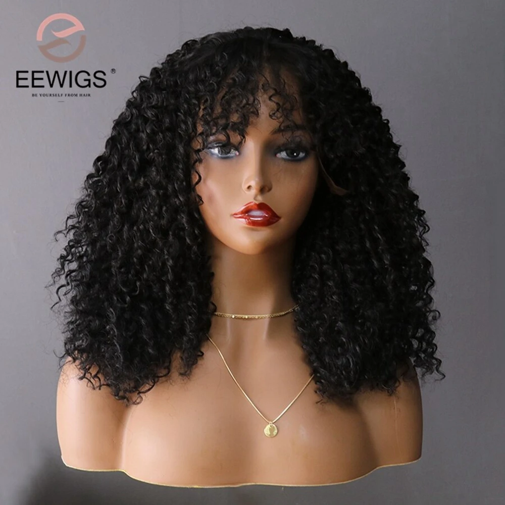 EEWIGS, высокотемпературный афро кудрявый парик с челкой, короткие синтетические парики на кружеве для женщин, бесклеевой натуральный парик