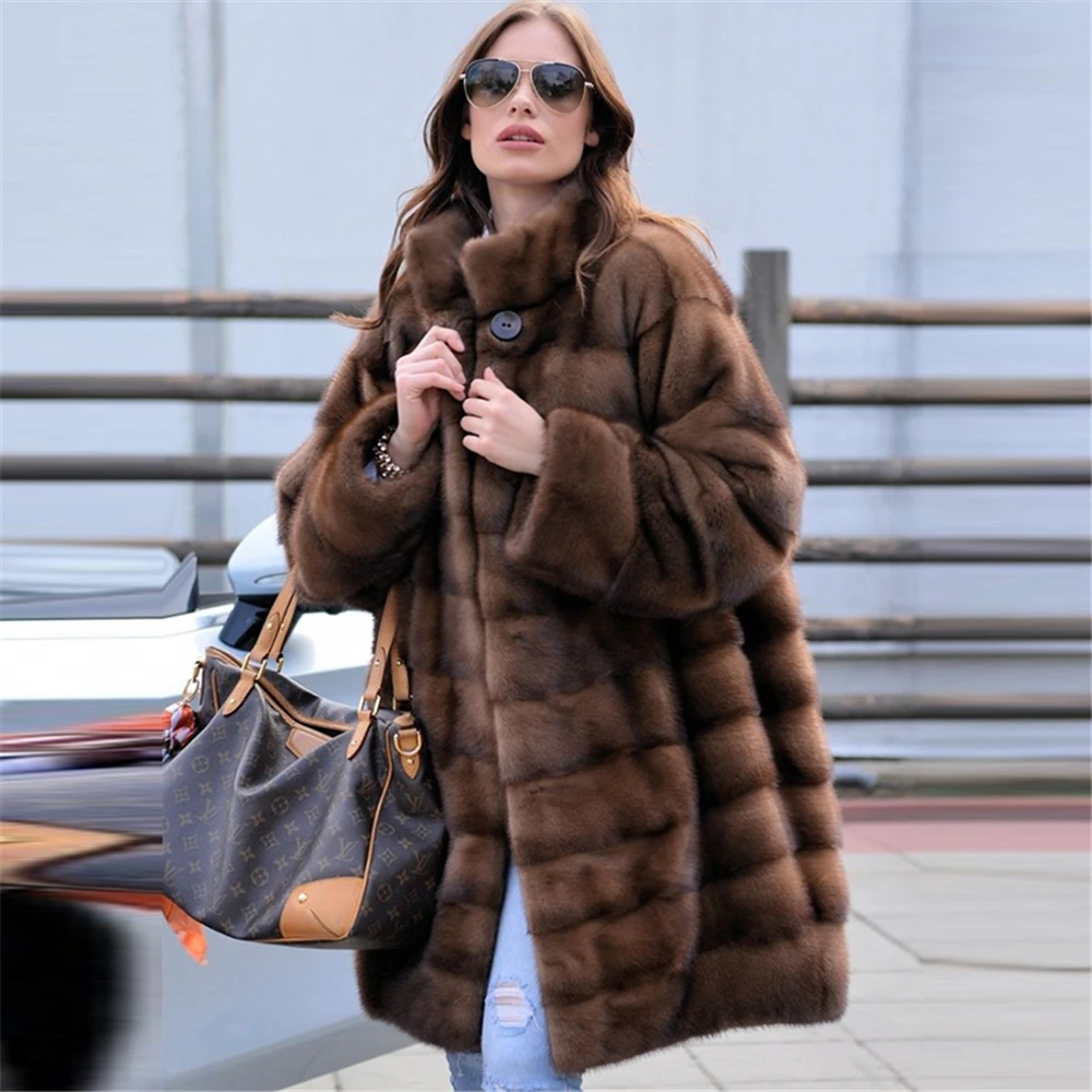 TOPFUR Fashion Brown Coat Women Winter Real Fur Coat Women Natural Mink Fur Coat Women Full Sleeves Mandarin Collar Medium