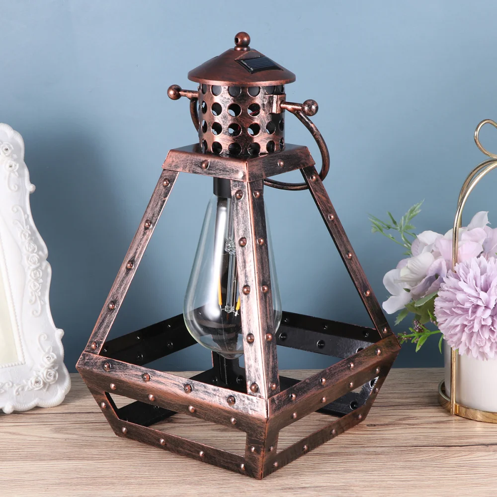 

Outdoor Solar Powered Decorations Retro Iron Lantern Lights Ring Handle Bulb Lamp Table LED Light Decoration Lamp for Indoor Out