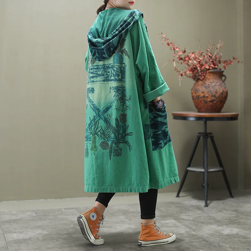 

2021 Spring Autumn New Long Denim Windbreaker Women's Printing Casual Large Size Long Sleeve Hooded Coat Fashion Outerwear