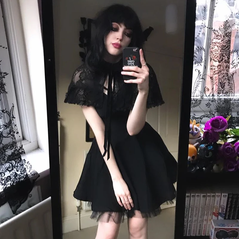 Женское винтажное мини-платье Goth черное облегающее платье с высоким воротом