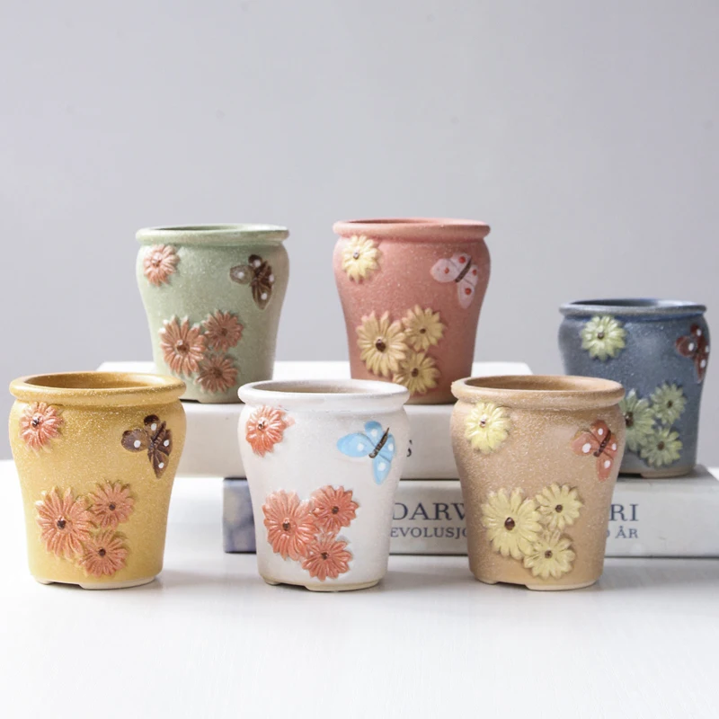 

Керамический цветочный горшок с рельефным рисунком, милое матовое украшение для раковины с зелеными растениями, домашнее креативное Садов...