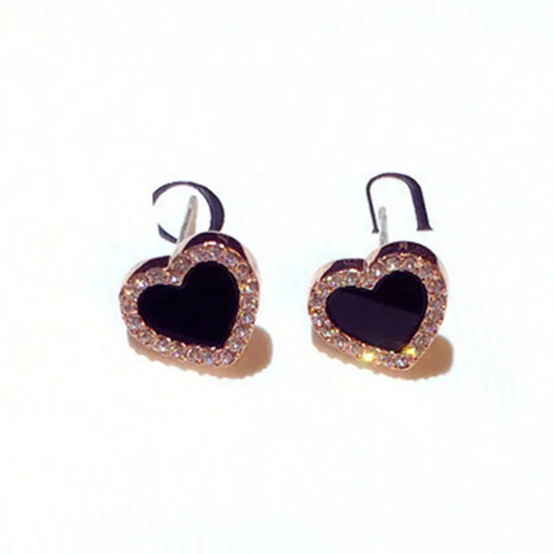 

New Korean Cute Black Acrylic Heart Stud Earrings For Women Rose Gold Color Simple Elegant Crystal Love Stud Earrings Jewelry