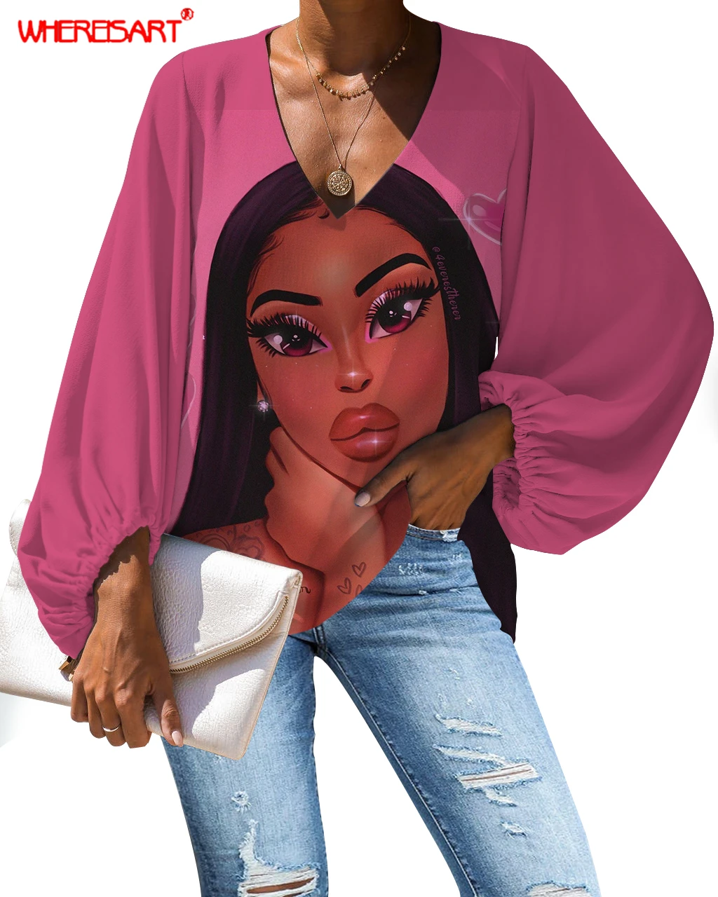 

WHEREISART Sweet Blouse Melanin Poppin Printed Shirt 2020 Casual Loose Long Sleeve Blouses and Tops V-neck Female Clothing