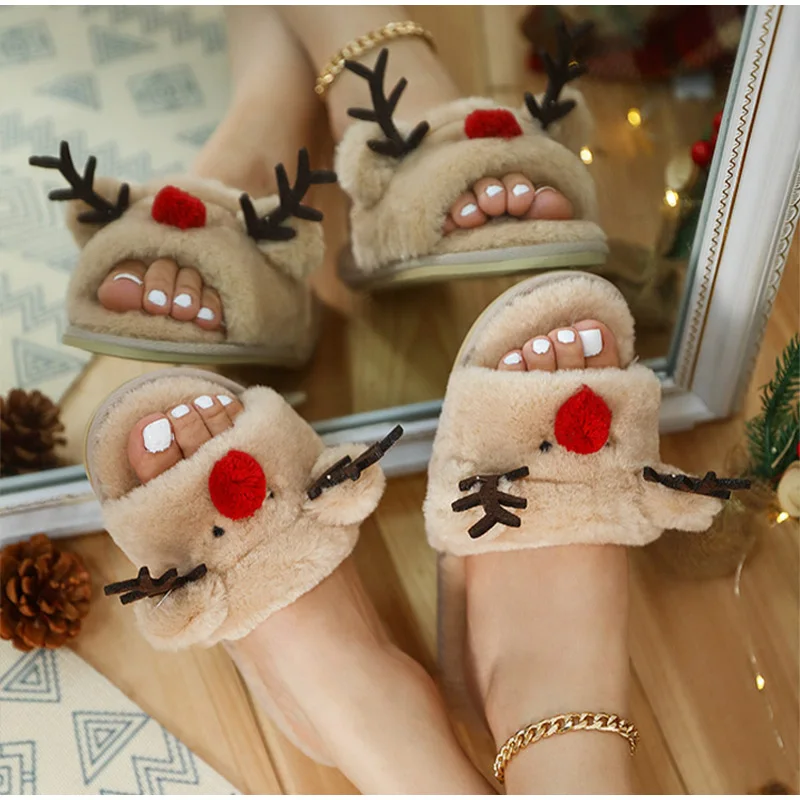 

Women House Slippers Ladies Winter Warm Plush Open Toe Cartoon Home Cotton Shoes Female Lovely Indoor Women's Footwear Christmas