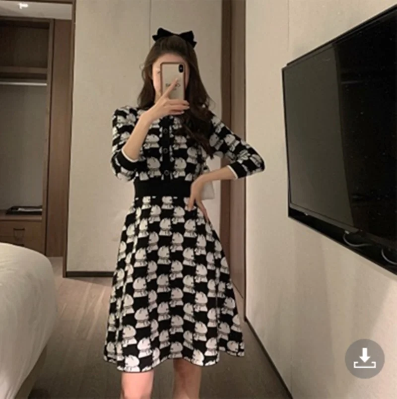 

Knitted Jacquard French Vintage Casual Fall Clothes Mujer 2021 New Autumn Women Elastic Waist Bodycon Knee Length Dresses