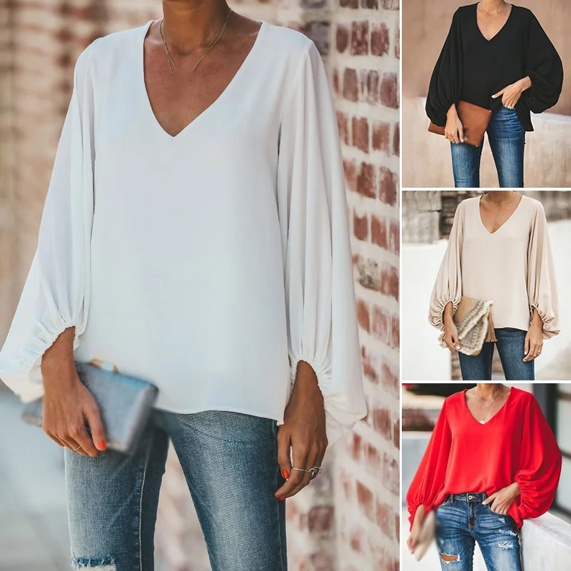 Women Tops Chiffon shirts puff Sleeve V-Neck Loose Fashion office lady blouse autumn tops |