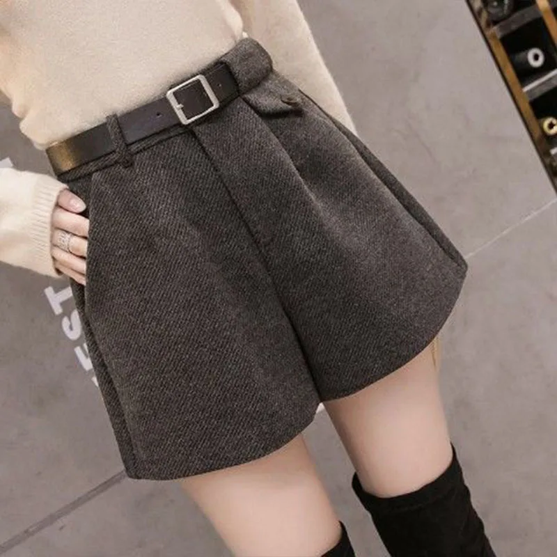 

Women's Spring Autumn Style Woollen Wide Leg Pants Women's With Sashes Pocket Loose Casual High Waist Shorts KK0337