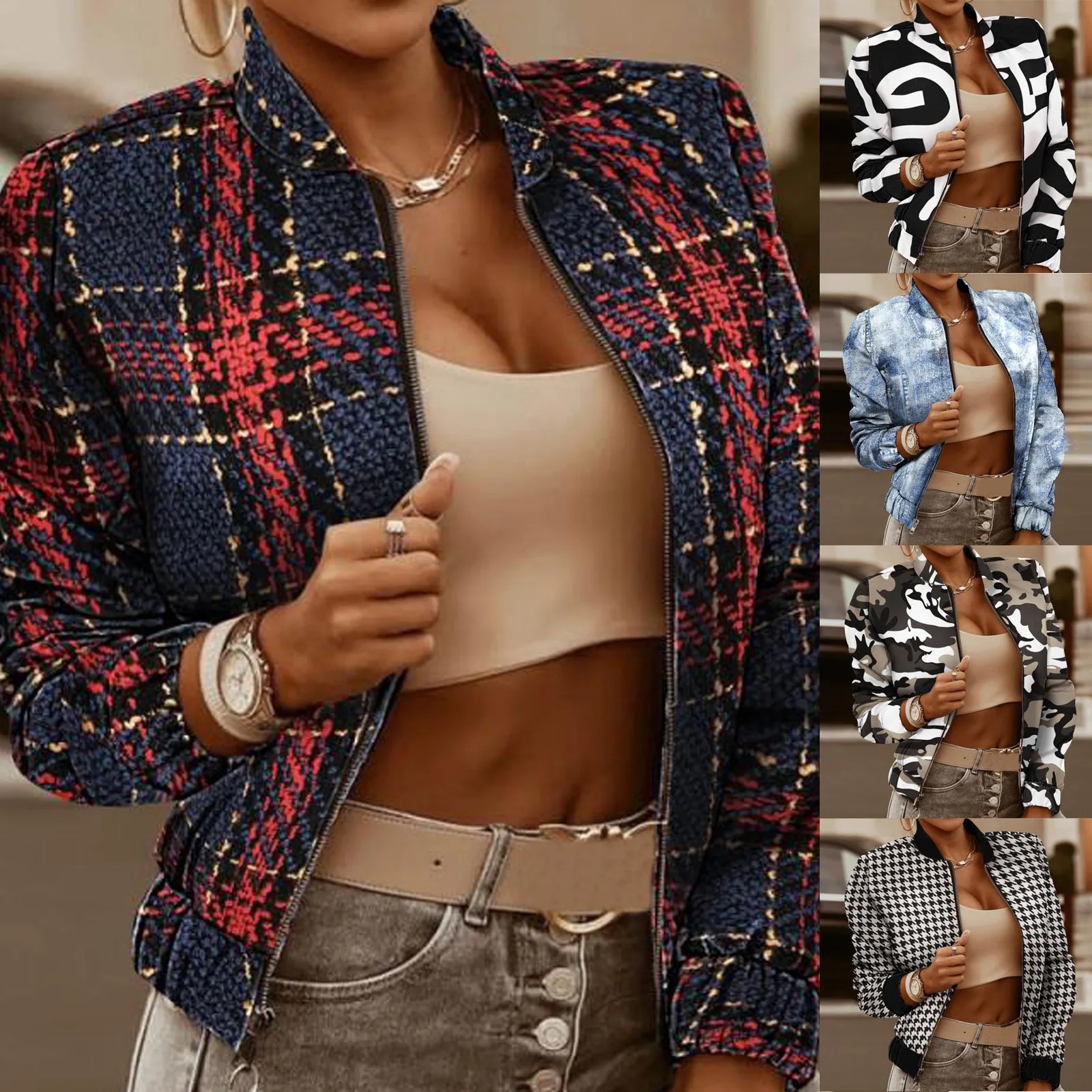 

Women Elegant Stand Collar Zipper Cardigan Long Sleeve Casual Coat Autumn Vintage Pattern Print Short Jacket Ladies Outwear 2021