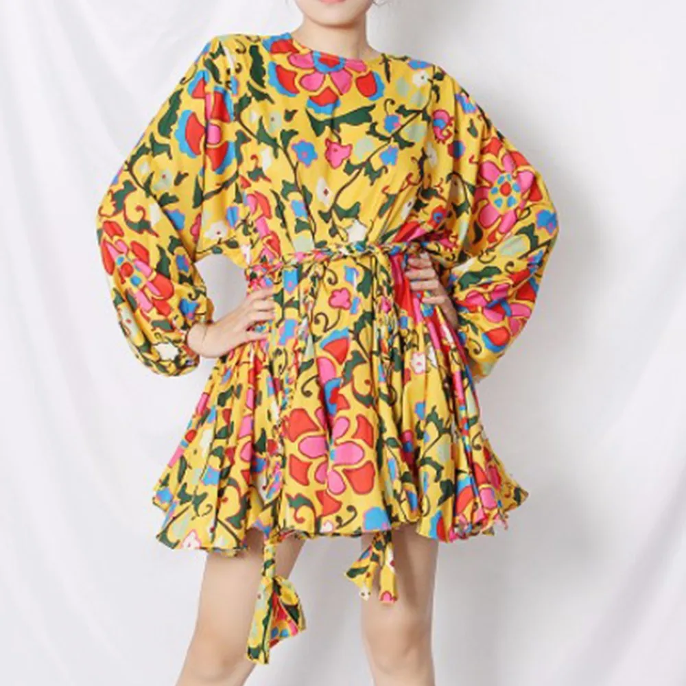 

Women Hit Color Printed Dress For O Neck Lantern Sleeve High Waist Lace Up Bowknot Mini Dresses Female Fashion New 2021
