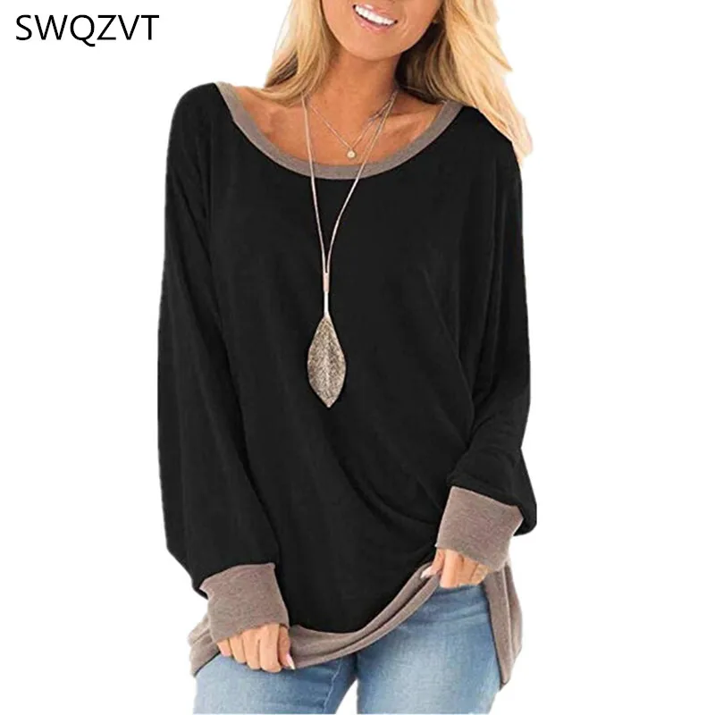 Женская Повседневная футболка однотонная свободная с длинным рукавом на осень и