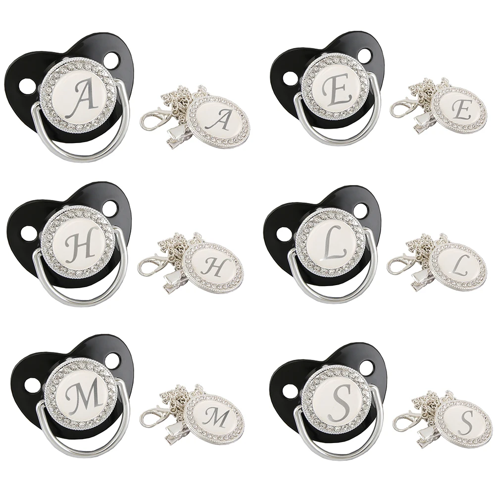 

26 Name Initial Letters Silver Baby Pacifier Chain Clip 0-12 Months Silicone Infant Nipple Bling Newborn Dummy BPA Free Soother