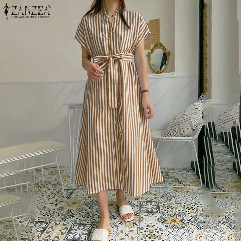 

2022 ZANZEA Fashion Summer Sundress Elegant Women Office Work Short Sleeve Striped Vestidos Robe Femme Long Shirt Dress Oversize