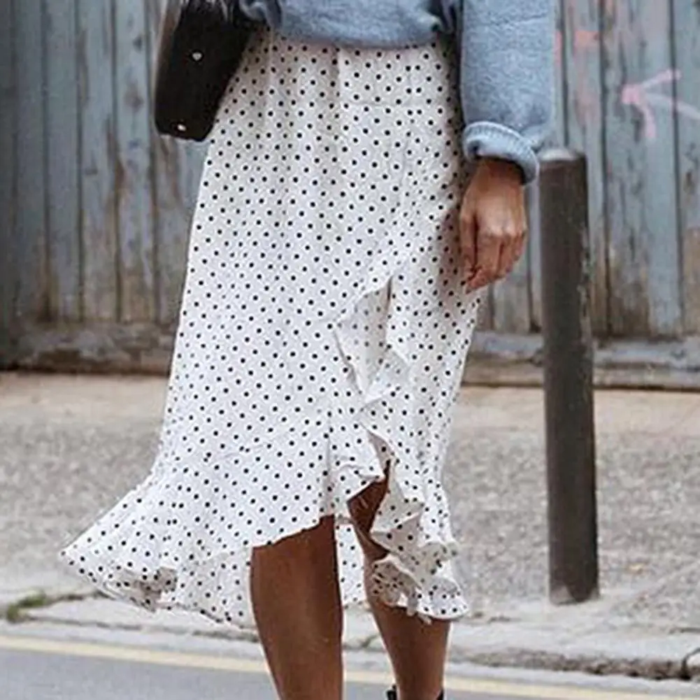 

Irregular Ruffles Dobby Asymmetrical High Waist Tassels Halfbody Skirt Female Dot Print Women Fashion Tide Female Streetwear