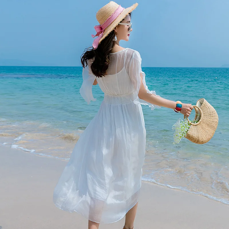 Белое летнее платье из натурального шелка женское длинное элегантное для