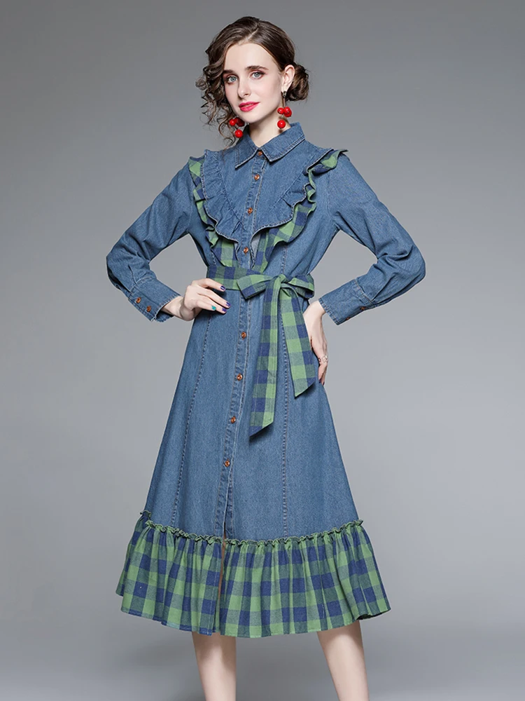 

Новый Весна Лето Джинсовое платье Для женщин 2022 Мода Длинный рукав Плед Пэчворк створки Стройный Голубое платье Длина по щиколотку Длинное ...