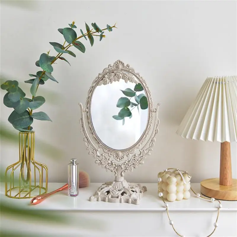 

Nordic Silver Vintage Makeup Mirror Decorative Small Round Make-up Bedroom Mirror Ins Table Room Standing Glass Mirror Dropship
