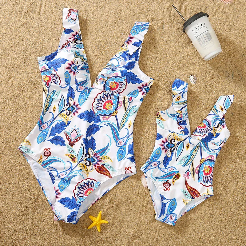 Летний купальник для мамы и дочери комплект бикини с принтом семейный одежда